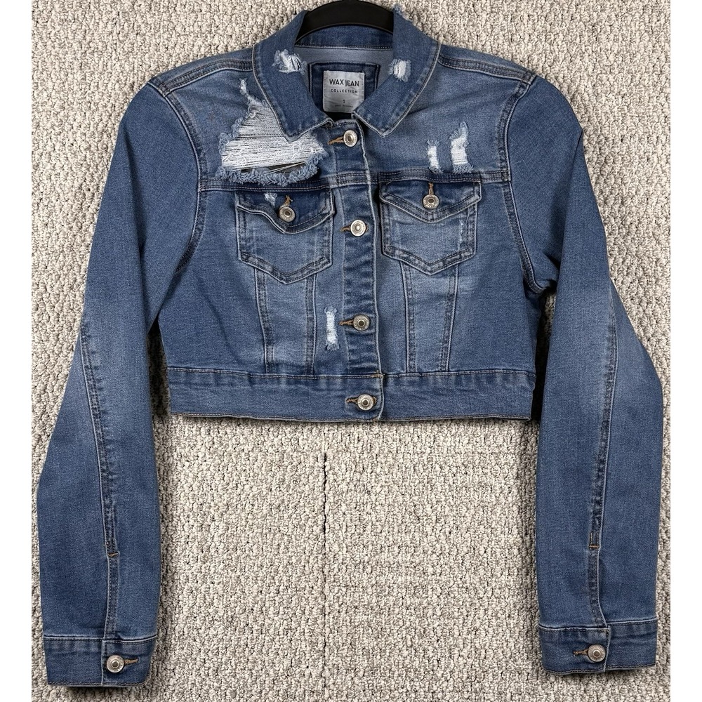 Denim Jacket Cropped Distressed Blue Grunge Y2K Stretch Trucker Crop Sm